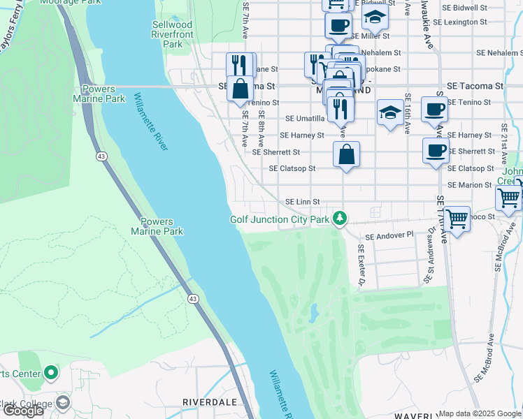 map of restaurants, bars, coffee shops, grocery stores, and more near 730 Southeast Linn Street in Portland