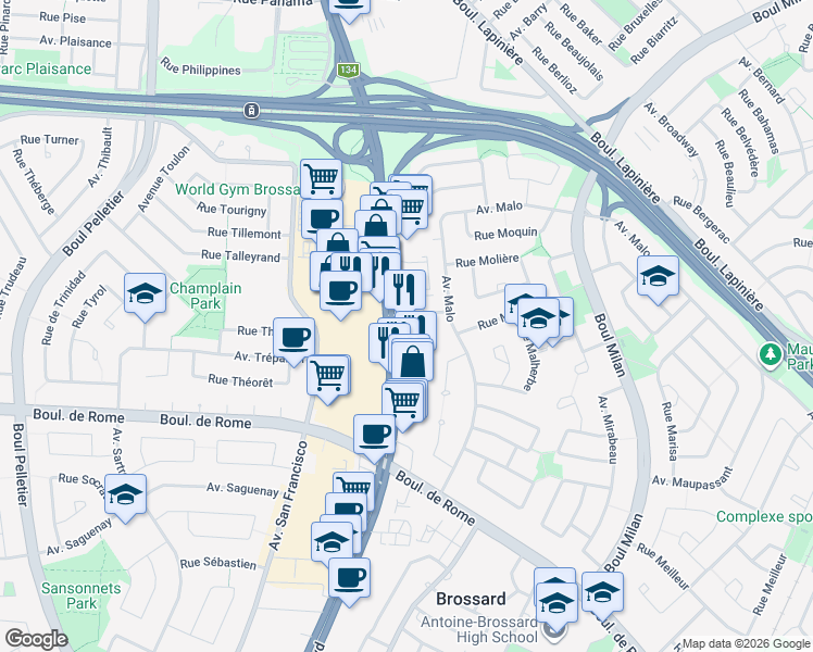 map of restaurants, bars, coffee shops, grocery stores, and more near 7405 Boulevard Taschereau in Brossard