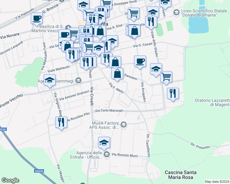map of restaurants, bars, coffee shops, grocery stores, and more near 3 Via Brugallo in Magenta