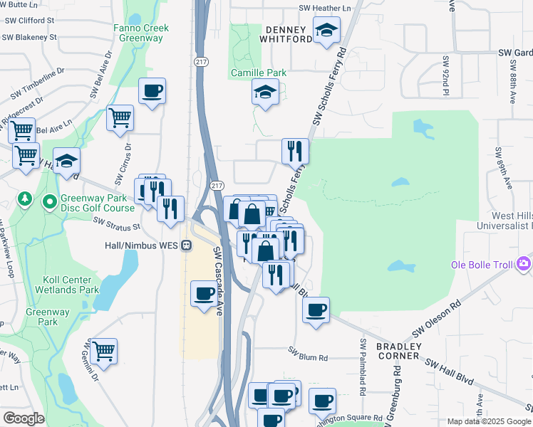 map of restaurants, bars, coffee shops, grocery stores, and more near 10270 Southwest Homestead Lane in Beaverton
