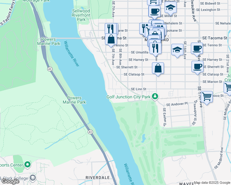 map of restaurants, bars, coffee shops, grocery stores, and more near 730 Southeast Linn Street in Portland