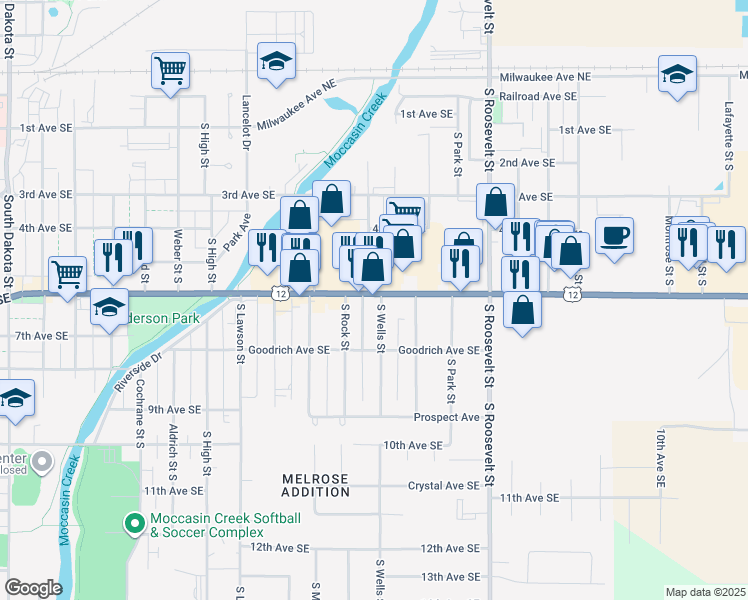 map of restaurants, bars, coffee shops, grocery stores, and more near 1926 6th Avenue Southeast in Aberdeen
