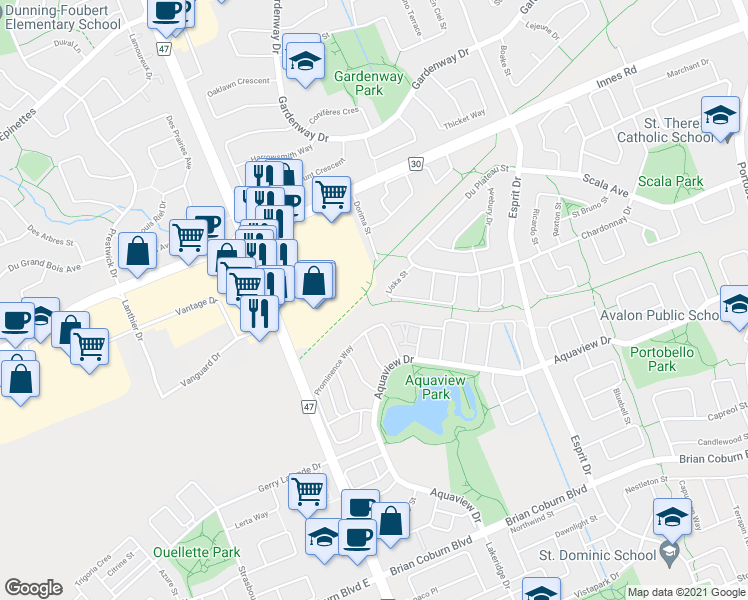 map of restaurants, bars, coffee shops, grocery stores, and more near 2110 Liska Street in Ottawa
