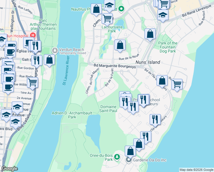 map of restaurants, bars, coffee shops, grocery stores, and more near 34 Rue des Tourterelles in Verdun