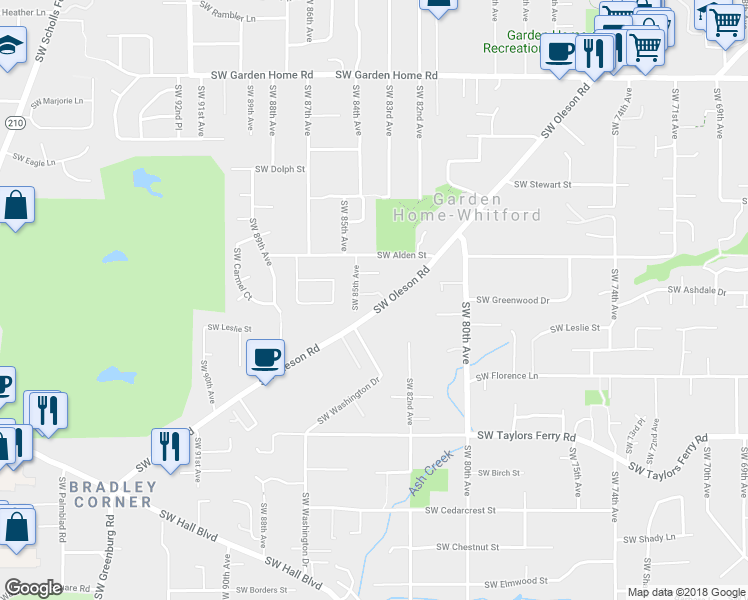 map of restaurants, bars, coffee shops, grocery stores, and more near 8406 Southwest Monica Court in Portland