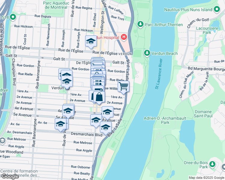 map of restaurants, bars, coffee shops, grocery stores, and more near 134 Rue Willibrord in Montréal