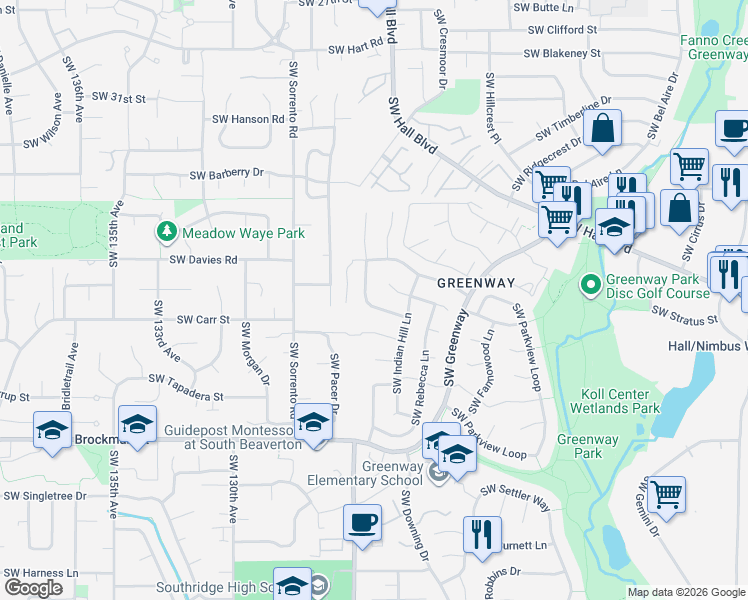 map of restaurants, bars, coffee shops, grocery stores, and more near 12405 Southwest Berryhill Lane in Beaverton
