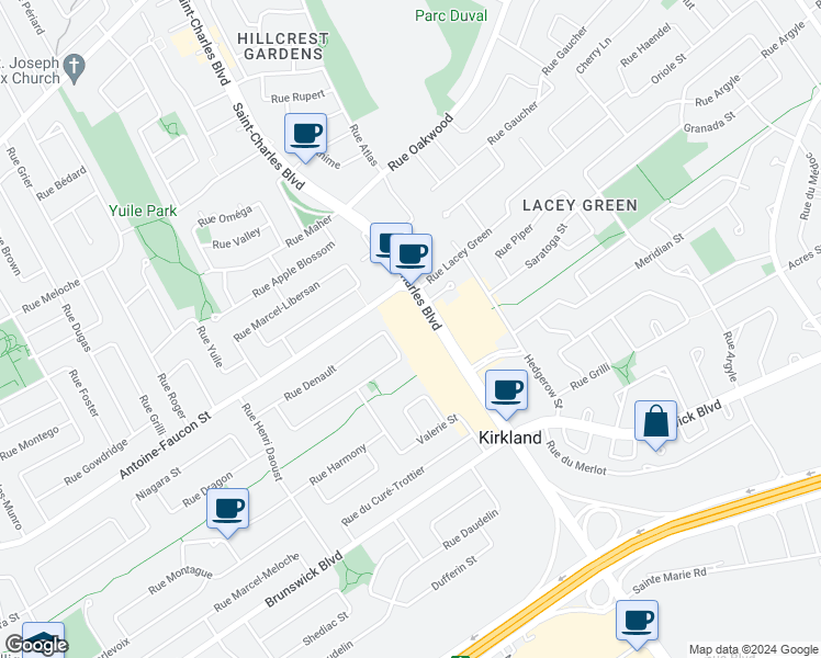 map of restaurants, bars, coffee shops, grocery stores, and more near 3610 Boulevard Saint-Charles in Kirkland