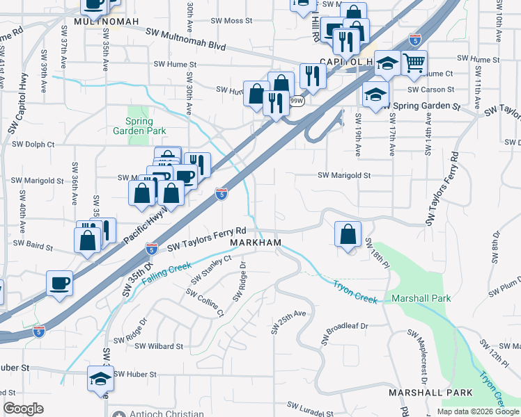map of restaurants, bars, coffee shops, grocery stores, and more near 9114 Southwest 26th Avenue in Portland