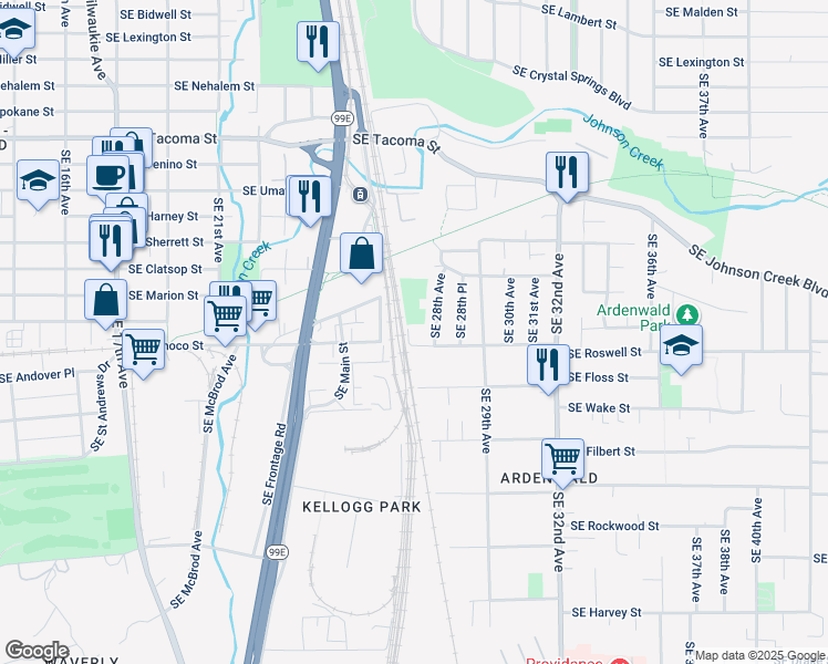 map of restaurants, bars, coffee shops, grocery stores, and more near 8822 Southeast Rockvorst Street in Milwaukie
