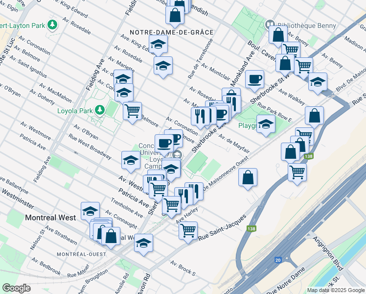 map of restaurants, bars, coffee shops, grocery stores, and more near 7141 Rue Sherbrooke Ouest in Montréal