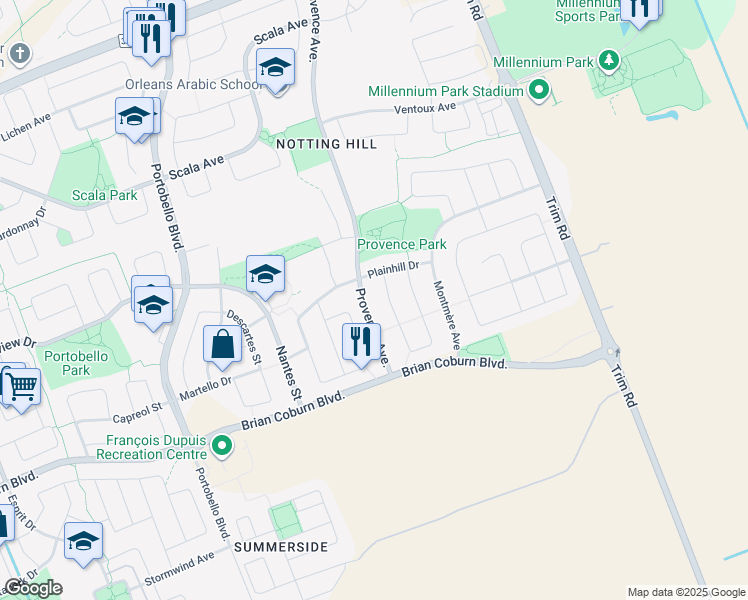 map of restaurants, bars, coffee shops, grocery stores, and more near 2147 Provence Avenue in Ottawa