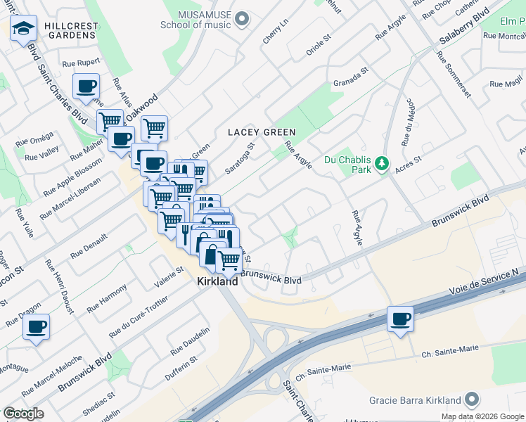 map of restaurants, bars, coffee shops, grocery stores, and more near 17 Rue du Chambertin in Kirkland