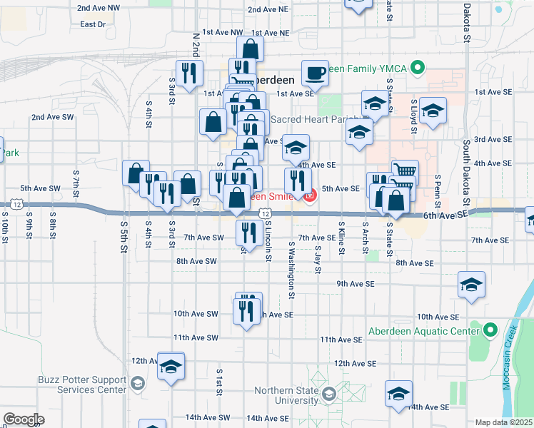 map of restaurants, bars, coffee shops, grocery stores, and more near 98 6th Avenue Southeast in Aberdeen