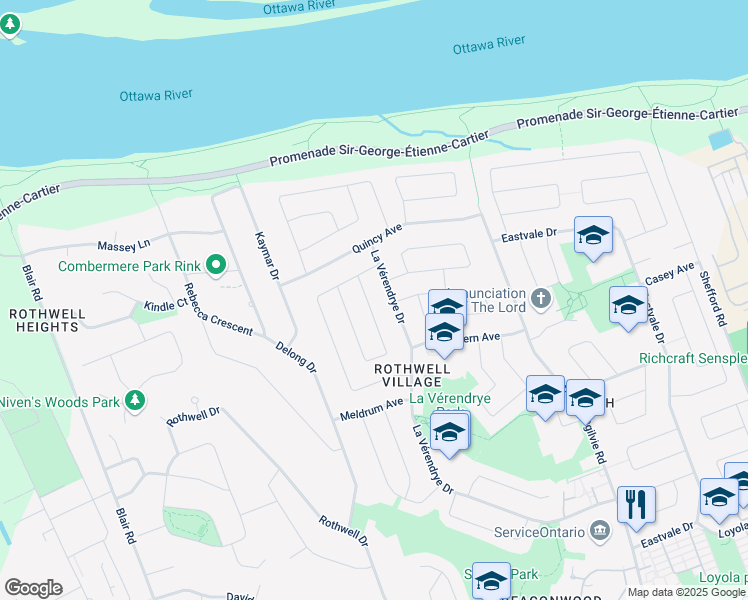 map of restaurants, bars, coffee shops, grocery stores, and more near 577 Duff Crescent in Ottawa