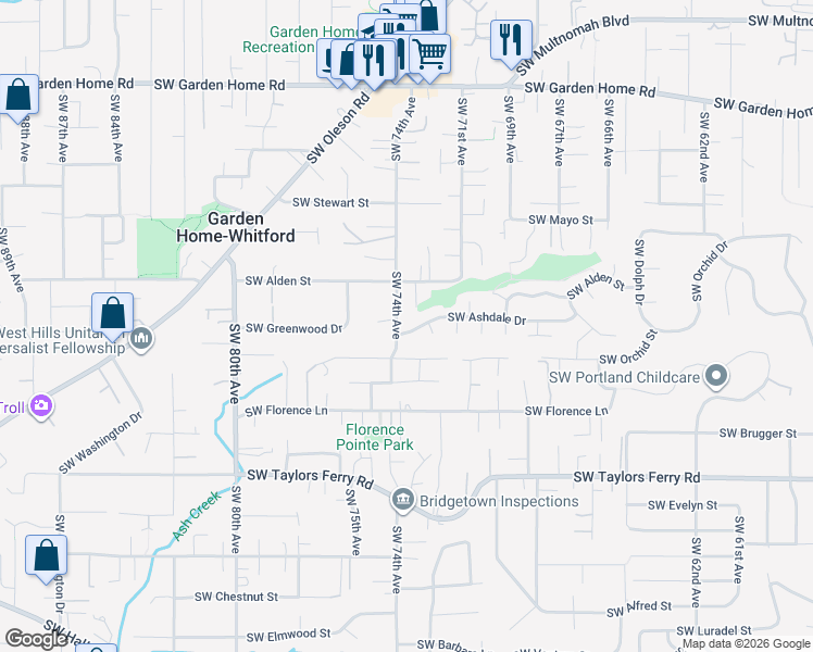map of restaurants, bars, coffee shops, grocery stores, and more near 7375 Southwest Ashdale Drive in Portland
