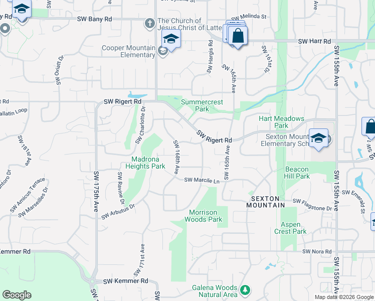 map of restaurants, bars, coffee shops, grocery stores, and more near 16733 Southwest Nafus Lane in Beaverton