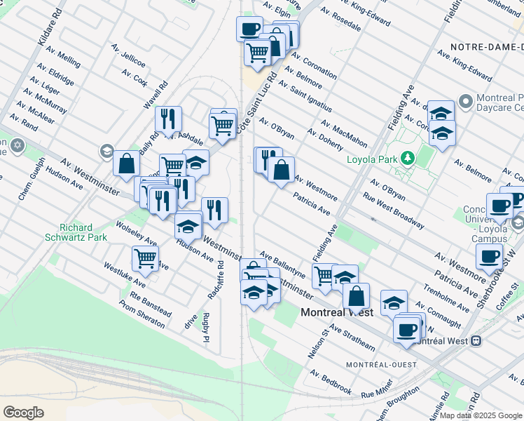 map of restaurants, bars, coffee shops, grocery stores, and more near 7495 Avenue de Chester in Montreal