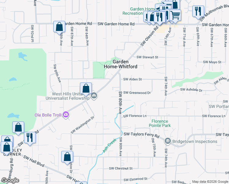 map of restaurants, bars, coffee shops, grocery stores, and more near 8397 Southwest 80th Avenue in Portland