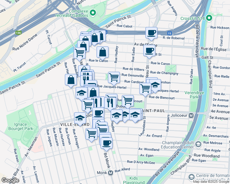 map of restaurants, bars, coffee shops, grocery stores, and more near 5936 Rue Hadley in Montréal