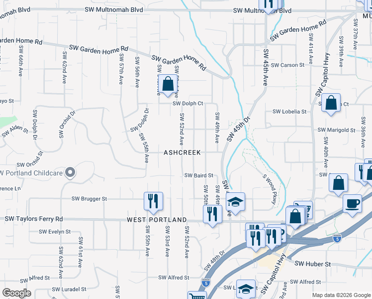 map of restaurants, bars, coffee shops, grocery stores, and more near 5131 Southwest Orchid Street in Portland