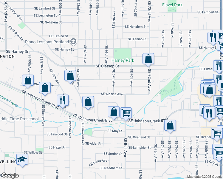 map of restaurants, bars, coffee shops, grocery stores, and more near 8785 Southeast 67th Avenue in Portland