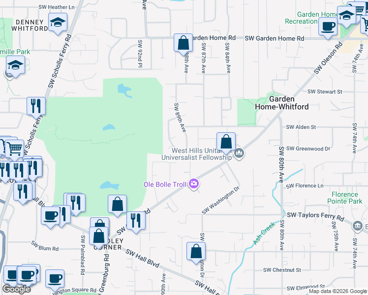 map of restaurants, bars, coffee shops, grocery stores, and more near 8455 Southwest 89th Avenue in Portland