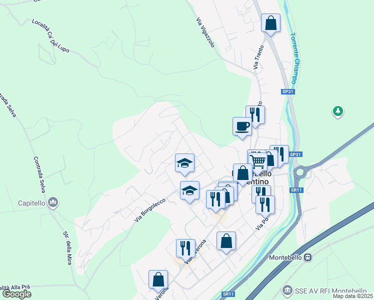 map of restaurants, bars, coffee shops, grocery stores, and more near 21 Via Verdi in Montebello Vicentino