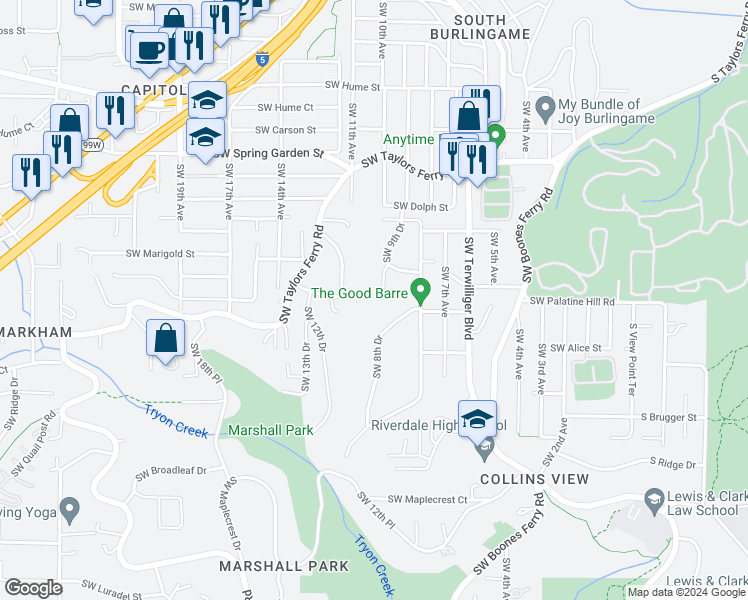 map of restaurants, bars, coffee shops, grocery stores, and more near 9121 Southwest 9th Place in Portland