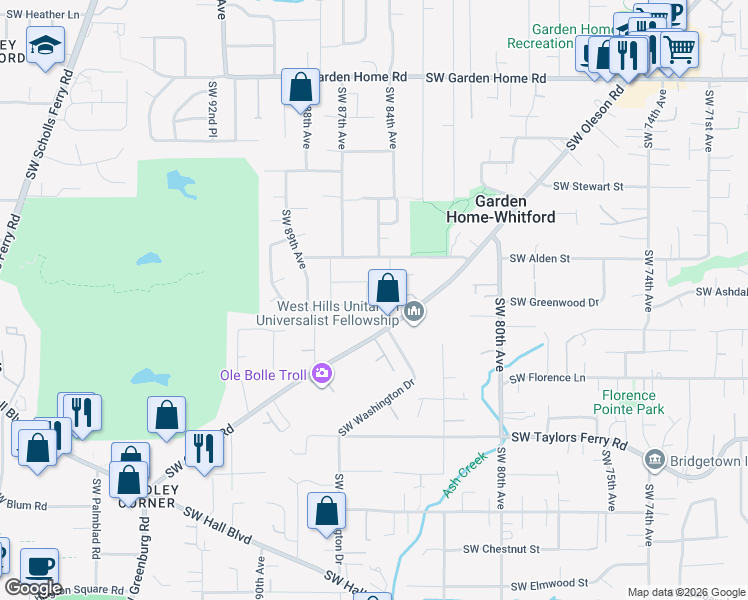 map of restaurants, bars, coffee shops, grocery stores, and more near 8410 Southwest Godwin Court in Portland