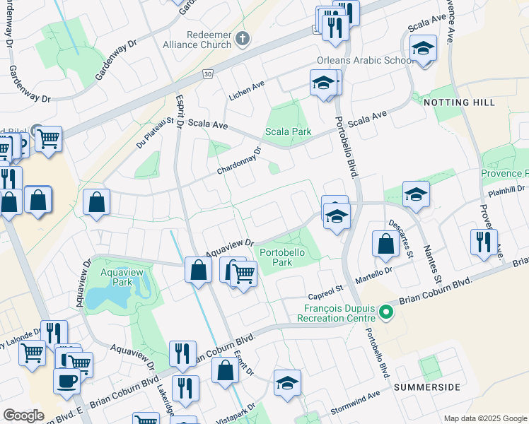 map of restaurants, bars, coffee shops, grocery stores, and more near 734 Schubert Circle in Ottawa