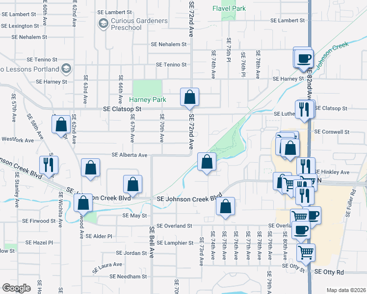 map of restaurants, bars, coffee shops, grocery stores, and more near 7050 Southeast Fern Avenue in Portland