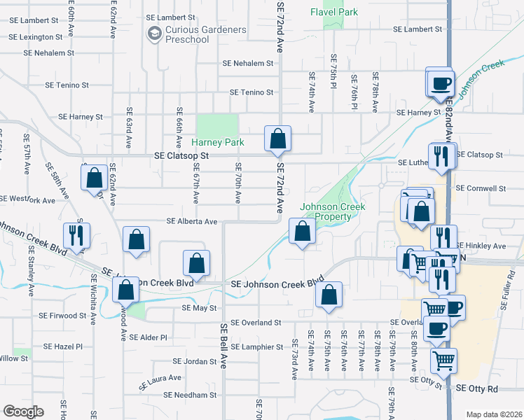 map of restaurants, bars, coffee shops, grocery stores, and more near 7050 Southeast Fern Avenue in Portland