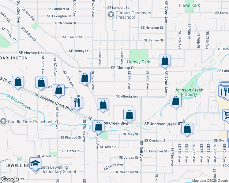 map of restaurants, bars, coffee shops, grocery stores, and more near 6492 Southeast Fern Avenue in Portland