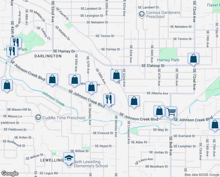 map of restaurants, bars, coffee shops, grocery stores, and more near 8830 Southeast 58th Drive in Portland
