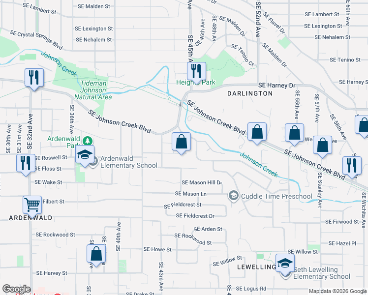 map of restaurants, bars, coffee shops, grocery stores, and more near 4525 Southeast Roswell Street in Milwaukie