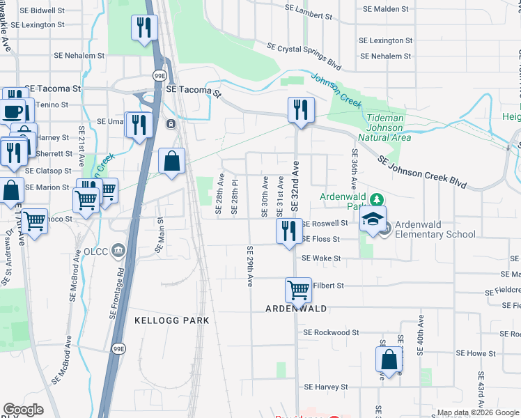 map of restaurants, bars, coffee shops, grocery stores, and more near 8826 Southeast 29th Avenue in Milwaukie