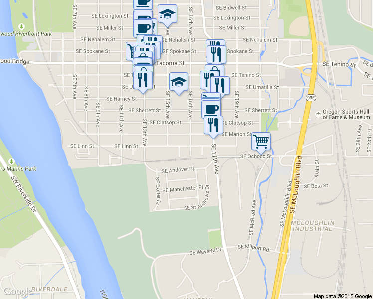 map of restaurants, bars, coffee shops, grocery stores, and more near 8809 Southeast 16th Avenue in Portland