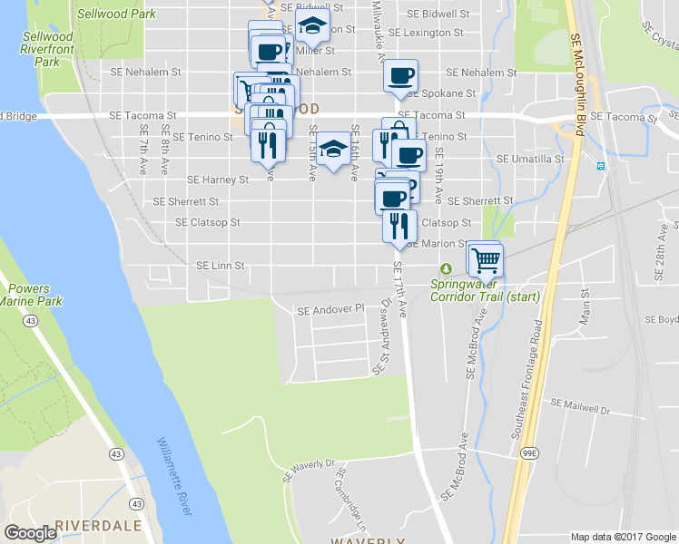 map of restaurants, bars, coffee shops, grocery stores, and more near 1522 Southeast Linn Street in Portland