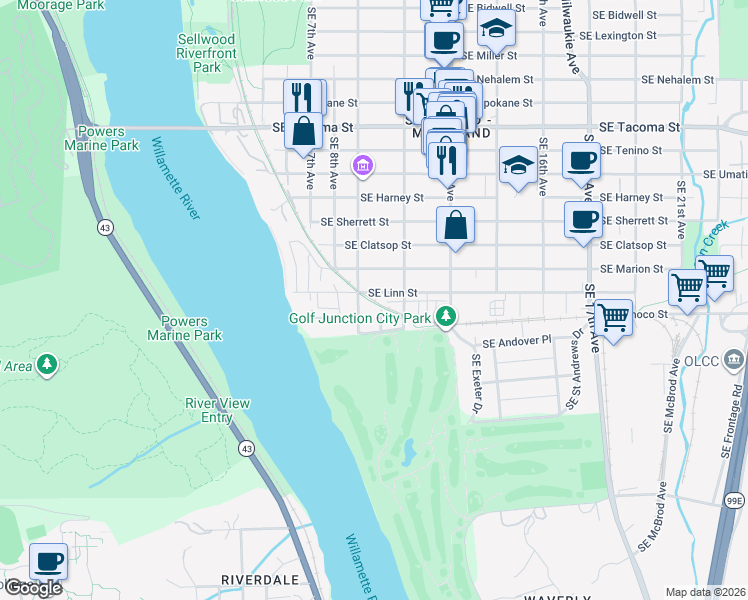 map of restaurants, bars, coffee shops, grocery stores, and more near 8824 Southeast 9th Avenue in Portland
