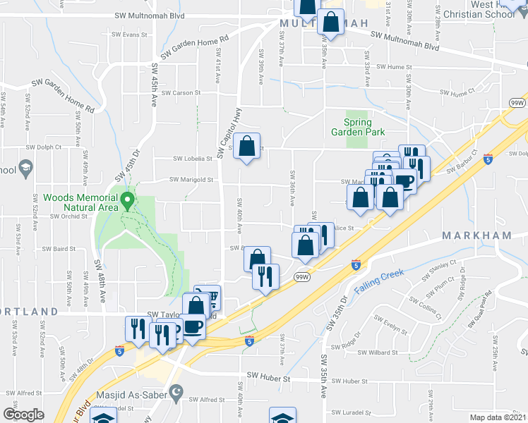 map of restaurants, bars, coffee shops, grocery stores, and more near 9120 Southwest 38th Avenue in Portland