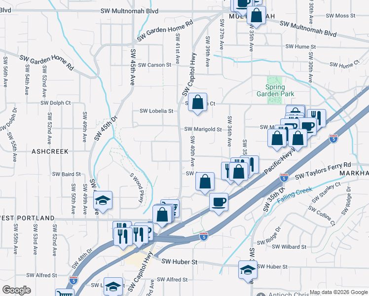 map of restaurants, bars, coffee shops, grocery stores, and more near 9145 Southwest 40th Avenue in Portland