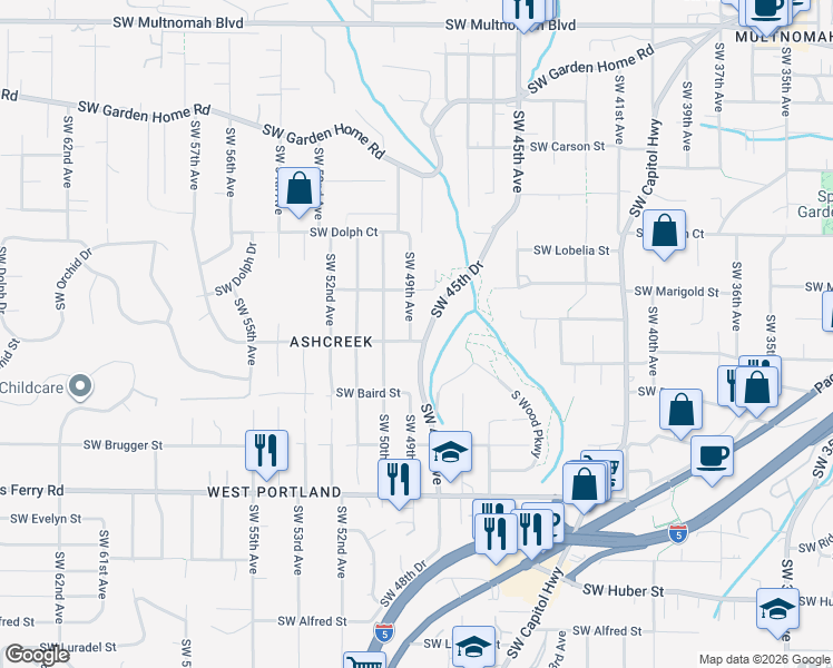 map of restaurants, bars, coffee shops, grocery stores, and more near 4827 Southwest Orchid Street in Portland