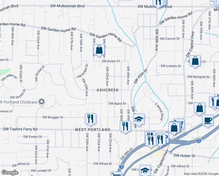 map of restaurants, bars, coffee shops, grocery stores, and more near 5131 Southwest Orchid Street in Portland