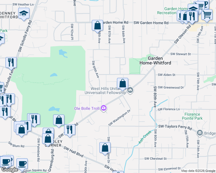map of restaurants, bars, coffee shops, grocery stores, and more near 8485 Southwest Godwin Court in Portland