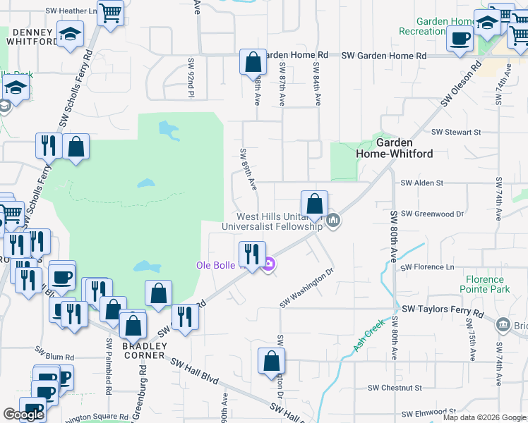 map of restaurants, bars, coffee shops, grocery stores, and more near 8455 Southwest 89th Avenue in Portland