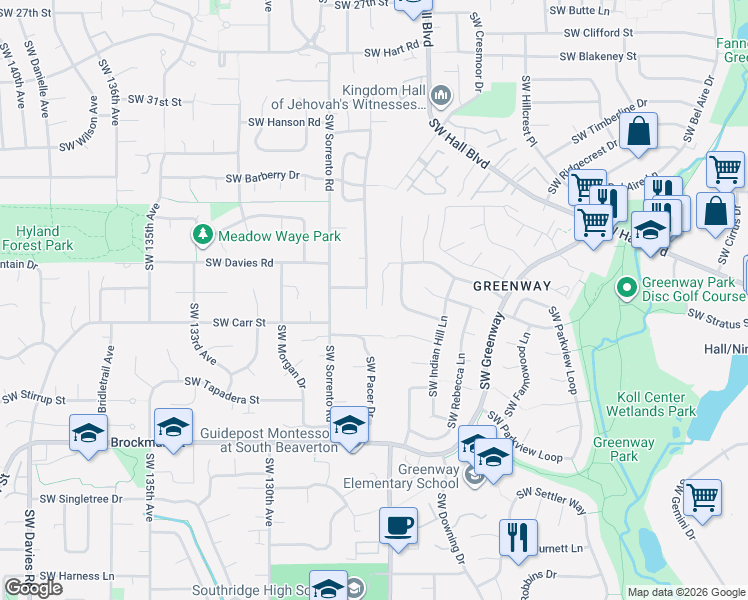 map of restaurants, bars, coffee shops, grocery stores, and more near 8425 Southwest Connemara Place in Beaverton