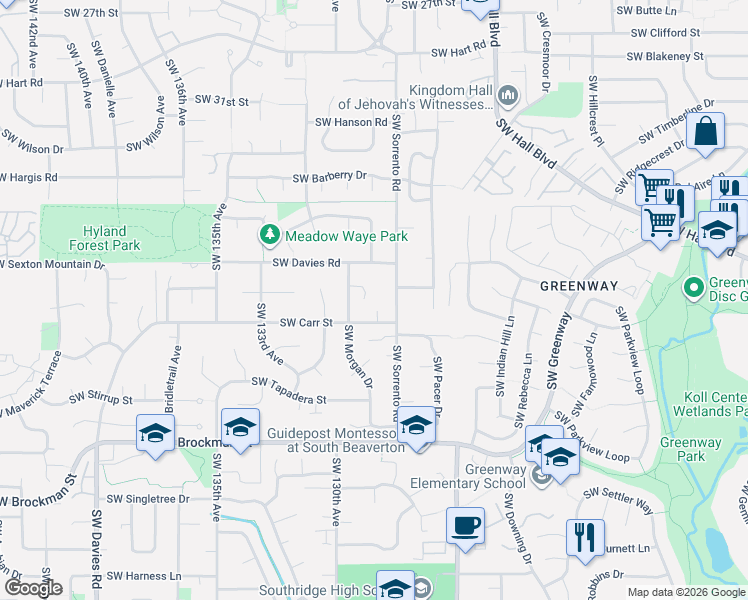 map of restaurants, bars, coffee shops, grocery stores, and more near 12970 Southwest Morgan Court in Beaverton