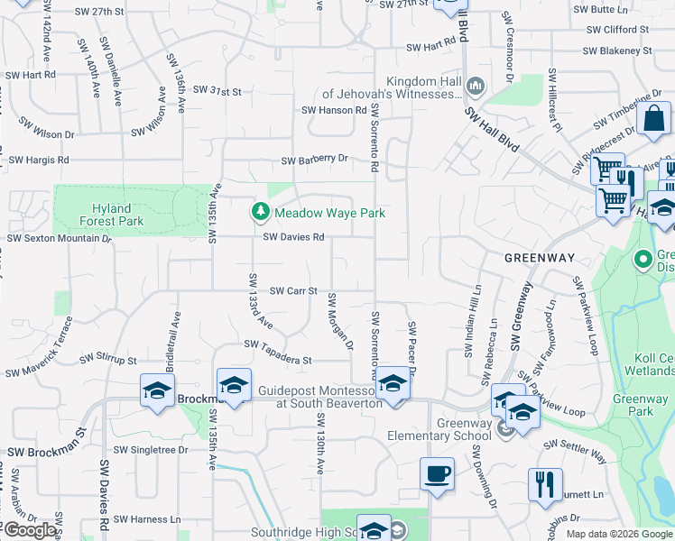 map of restaurants, bars, coffee shops, grocery stores, and more near 12970 Southwest Morgan Court in Beaverton