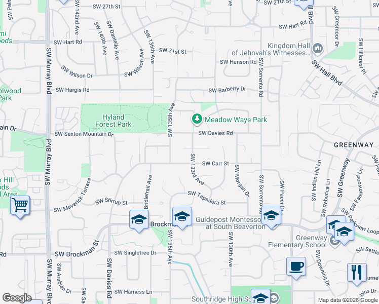 map of restaurants, bars, coffee shops, grocery stores, and more near 8355 Southwest 133rd Avenue in Beaverton